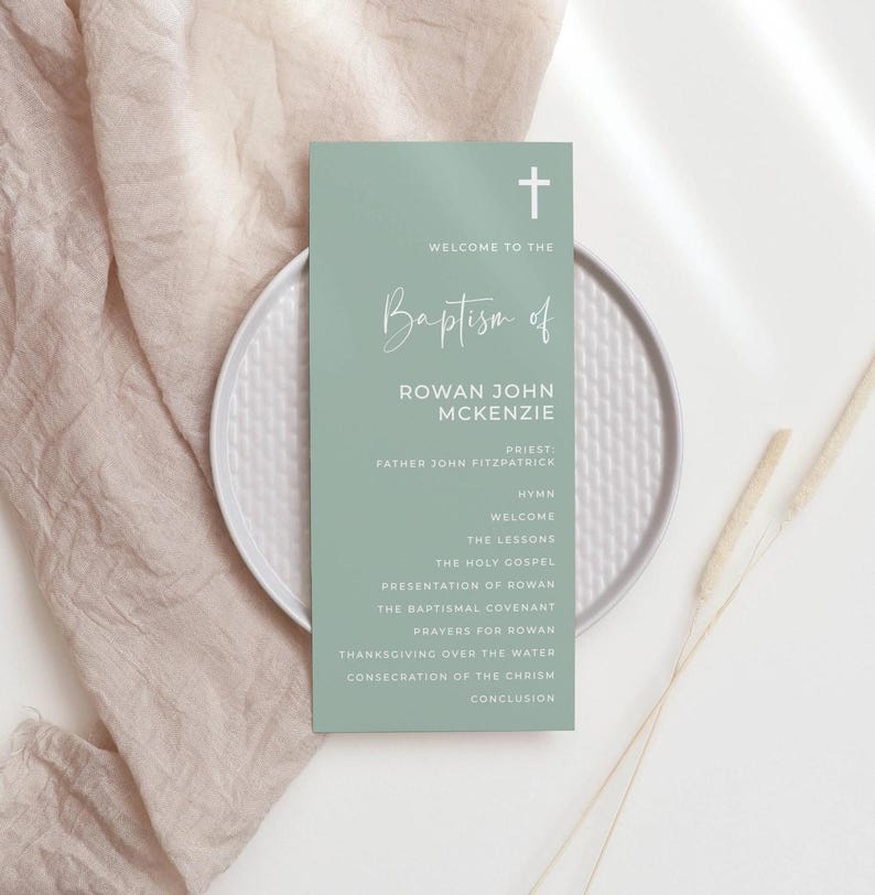 Sage Green Baptism Program Template, Printable Modern Christening ...