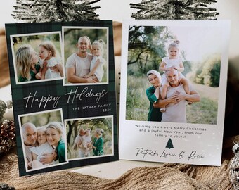 Green Flannel Photo Holiday Card Template, Printable Modern Plaid Christmas Card, Editable Tartan Family Picture Greeting, Digital Download
