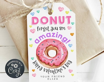 Donut Valentine's Day Gift Tag Template, Printable Donut Forget You Are Amazing Favor Tag, Editable Classroom School Tag, Digital Download