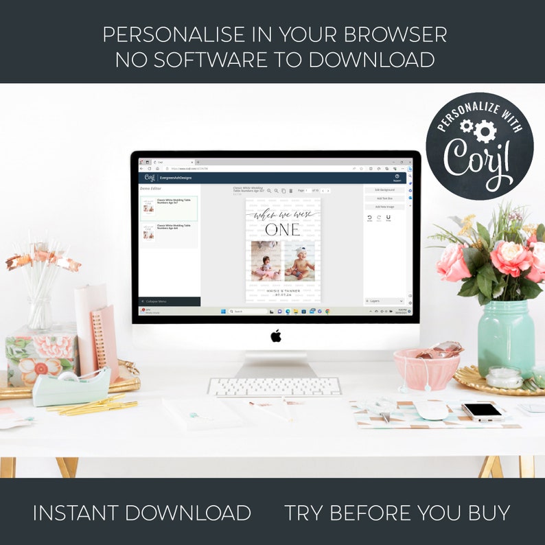 May include: A computer screen displaying a website with a customizable first birthday card design. The card features a white brick background with the text "where we were one" and two photos of a baby. The website is called "Cori" and allows users to personalize the card with their own photos and text.