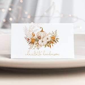 Pumpkin Friendsgiving Place Card Template, Printable Modern Thanksgiving Name Cards, Editable Fall Dinner Buffet Card, Instant Download, #T2