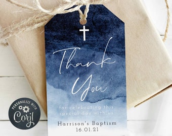 Navy Watercolor Baptism Favor Tag Template, Printable Christening Gift Tags, Baby Dark Blue Ombre Baptism Tag, Instant Download, #WC1