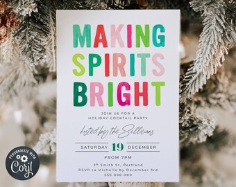 Making Spirits Bright Holiday Cocktail Party Invitation Template, Printable Christmas Drinks Invite, Editable Modern Invite Digital Download