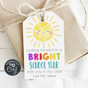 Back to School Sun Gift Tag Template, Printable Bright School Year Class Favors, Editable First Day Student Gift Tags, Instant Download