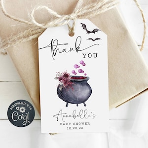A Baby Is Brewing Shower Gift Tag Template, Printable Halloween Baby Shower Favor Tags, Editable Cauldron Bat Gift Tag, Instant Download #H4