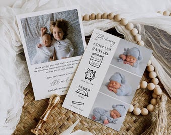 Editable Photo Birth Announcement Template, Printable Newborn Baby Stats Card, Modern Thank You, Digital Download