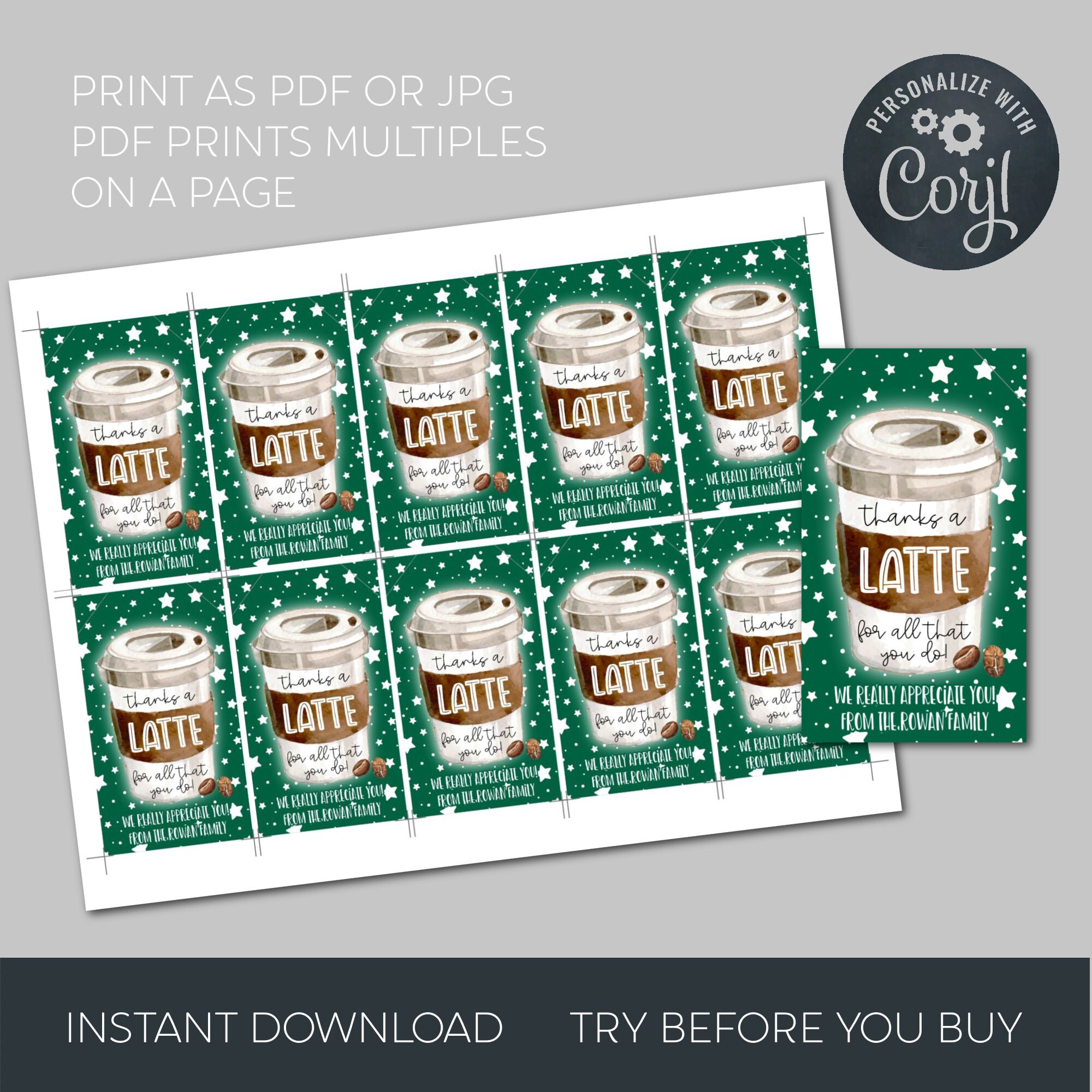 Thanks A Latte Gift Tag Template, Printable Teacher Appreciation Coffee ...
