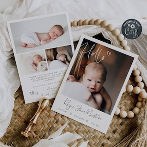 Hallo baby geboortekaartje sjabloon, bewerkbare pasgeboren kaarten met foto's, afdrukbare harten bedankkaartje baby, direct downloaden