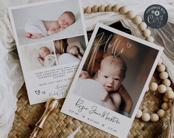 Hello Baby Birth Announcement Template, Editable Newborn Cards With Photos, Printable Hearts Baby Thank You Card, Instant Download