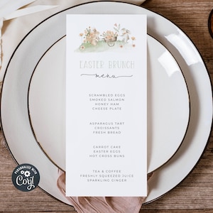 Easter Brunch Menu Template, Printable Floral Bunnies Easter Menu Cards, Editable Spring Brunch Cute Bunny Menu, Instant Download, #EFB