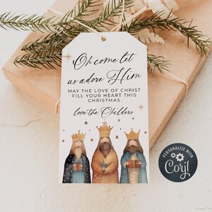 Modello di etichetta regalo di Natale dei Re Magi, etichetta regalo Oh come Let Us Adore Him stampabile, etichette regalo cristiane modificabili, download immediato