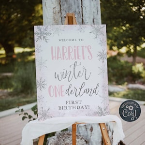 Winter Onederland Pink Welcome Sign Template, Printable Editable Snowflake Girls First Birthday Welcome Poster, Instant Download, #WP