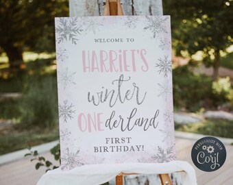 Winter Onederland Pink Welcome Sign Template, Printable Editable Snowflake Girls First Birthday Welcome Poster, Digital Download, #WP