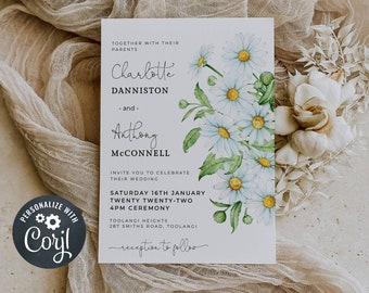 Daisy Wedding Invitation Template, Printable White Daisies Floral Wedding Invite, Rustic Spring White Flowers Wedding, Instant Download, #DT