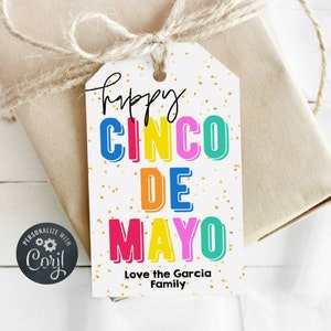 Happy Cinco de Mayo Gift Tag Template, Printable 5th Of May Favor Tags, Editable Rainbow Fiesta Gift Tag, Gold Confetti, Instant Download