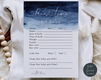 Predictions For Baby Cards, Printable Navy Ombre Baby Shower Game, Baby Shower Activity For Baby Boy, Parents To Be, Digital Download, #OS