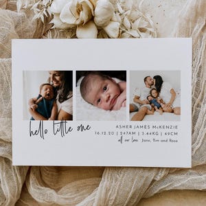 Modèle de faire-part de naissance Bonjour tout-petit, faire-part de naissance imprimable pour nouveau-né, carte de naissance modifiable de trois photos, téléchargement immédiat