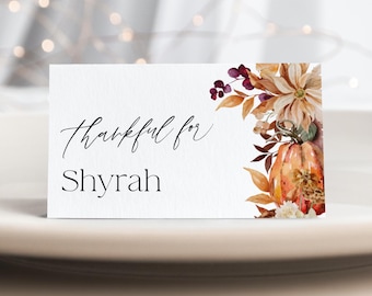 Thanksgiving Floral Pumpkins Place Card Template, Printable Friendsgiving Name Card, Editable Thankful Seating Card, Digital Download #T4