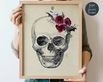 Halloween Floral Skull Printable Wall Art, Spooky Halloween Decor, Vintage Skull Halloween Print, Halloween Poster Sign, Digital Download