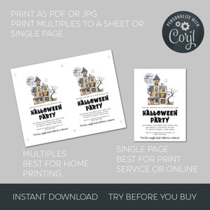 May include: Printable Halloween party invitation featuring a spooky house with bats and ghosts. The invitation says "You're invited to a Spooktacular Halloween Party" and includes the date, time, location, and RSVP information. The text "Don't be caught dead without a costume!" is also included.