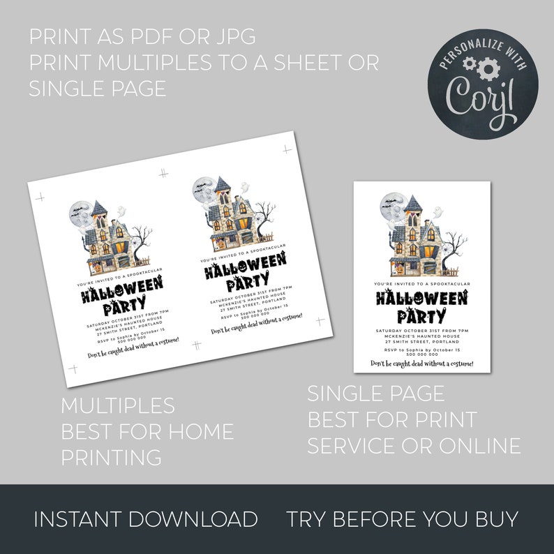 May include: Printable Halloween party invitation featuring a spooky house with bats and ghosts. The invitation says "You're invited to a Spooktacular Halloween Party" and includes the date, time, location, and RSVP information. The text "Don't be caught dead without a costume!" is also included.