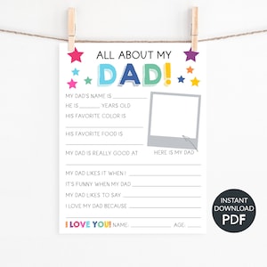 Druckbare alles über Papa Aktivität, Vatertagsgeschenk von Kindern, Kinder Fragebogen über Papa Aktivität, füllen Sie die Lücken, sofort Download PDF