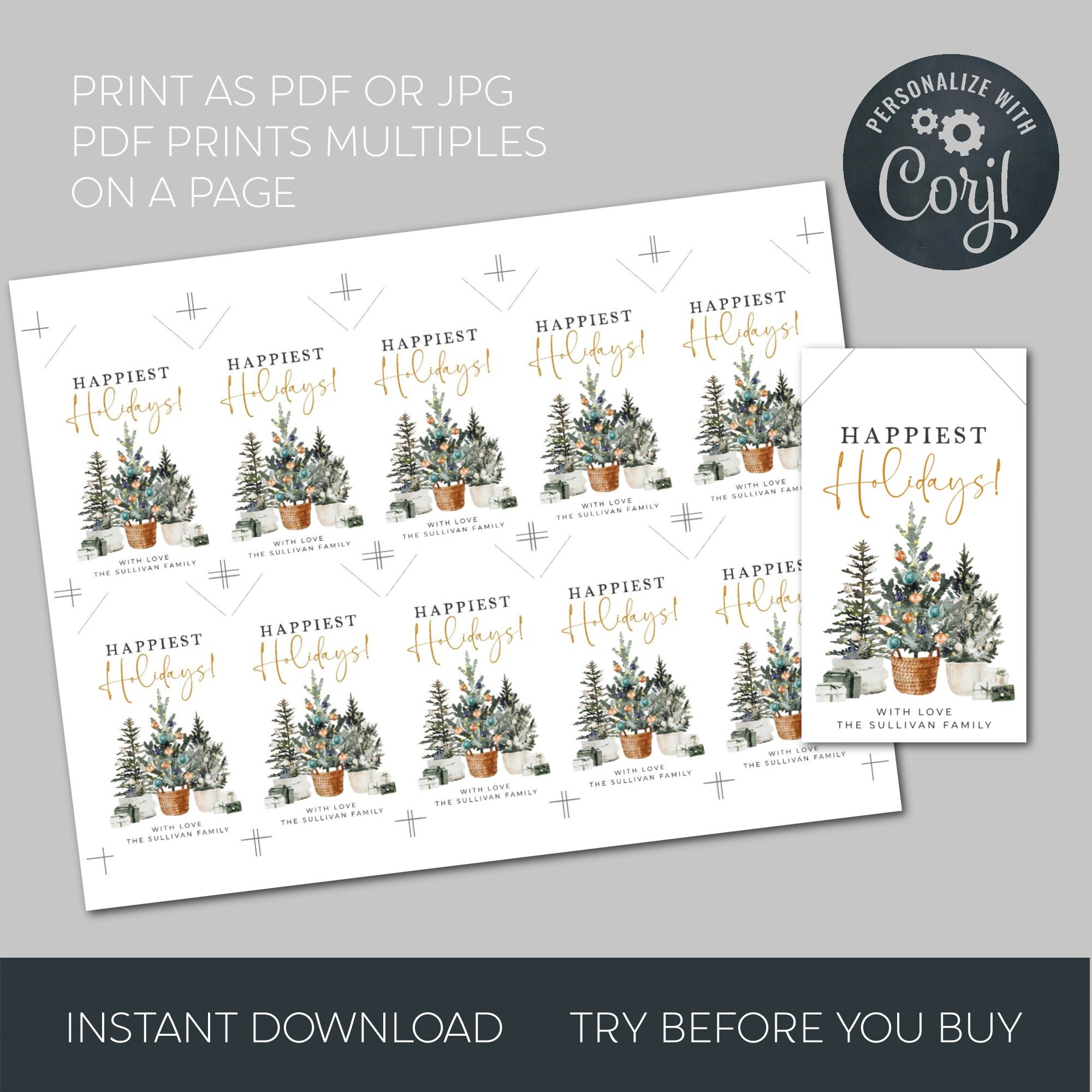 Christmas Trees Gift Tag Template, Printable Modern Holiday Favor Tag ...