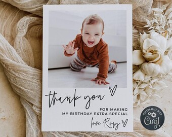 Modern Birthday Photo Thank You Card Template, Printable First Birthday Favor Card, Editable Any Age Kids Party Thanks, Digital Download #B3