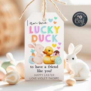 May include: A white tag with a colourful illustration of a duck and a bunny. The text on the tag reads "I am one LUCKY DUCK to have a friend like you! Happy Easter Love Violet Thorpe".