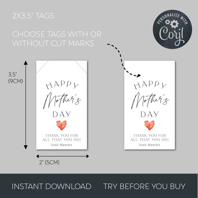 Pu&ograve; includere: Due etichette regalo stampabili con il testo "Happy Mother's Day" e un cuore rosso con pois bianchi. Il testo "Grazie per tutto quello che fai! Con affetto, Harriet" &egrave; sotto il cuore. Le etichette misurano 5 cm per 9 cm.