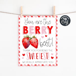 Op de afbeelding: Een decoratieve print met een rood-witte ruitrand. De print bevat de tekst "You are the BERRY best!" met twee lachende aardbeien. De zin "SWEETEST!" is ook opgenomen.