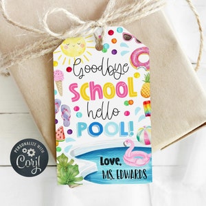 Plantilla de etiqueta de regalo "Adiós a la escuela, hola a la piscina", etiqueta imprimible de "Salida de la escuela de verano", etiqueta editable de fin de año, descarga instantánea, #GS