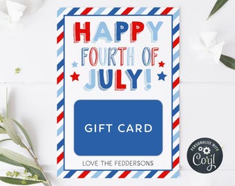 Fröhlicher 4. Juli Geschenkkartenhalter-Vorlage, druckbarer Geschenkanhänger vom 4. Juli, bearbeitbare behälterrote Anerkennungsanhänger, digitaler Download