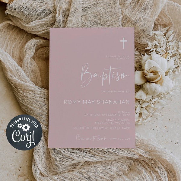 Blush Pink Modern Baptism Invitation Template, Printable Dusty Rose Christening Invite, Minimal Editable Girl Baptism, Instant Download, #BP