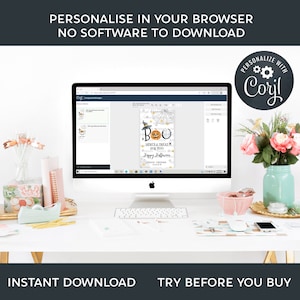 May include: A computer screen displaying a printable Halloween treat bag design with a pumpkin, witch hat, and the text "Boo! Here's a treat for you! Happy Halloween! Your Friend, [Name]" in a white and gold color scheme. The design is being edited on a website called "Corjl".