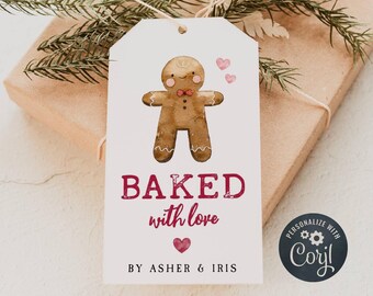 Holiday Cookie Tag Template, Baked With Love Editable Tag, Printable Christmas Gingerbread Favor Tag, Cookie Exchange Tags, Digital Download