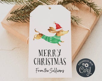 Christmas Dachshund Gift Tag Template, Printable Dog Holiday Favor Tag, Editable Sausage Dog Christmas Present Tag, Digital Download