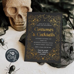 Editable Costumes & Cocktails Halloween Invitation Template, Printable Gold Frame Gothic Invite, Adult Halloween Party, Instant Download #HG