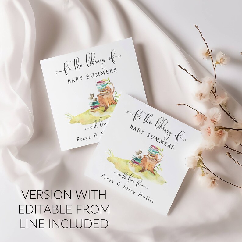 May include: Two square cards with watercolor illustrations and text. The cards read "for the library of BABY SUMMERS" with a picture of a stack of books, a bunny, and a tree stump. The bottom of the card reads "with love" and the names Freya & Riley Hollis.