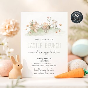 Modern Easter Brunch Invitation Template, Printable Easter Egg Hunt Invite, Editable Spring Floral Bunnies Invite, Instant Download, #EFB