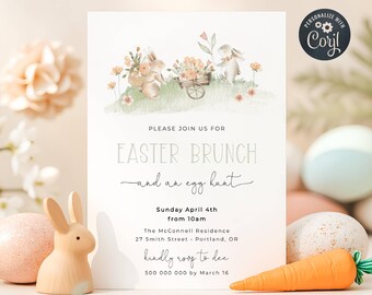 Plantilla moderna de invitación para brunch de Pascua, invitación imprimible para búsqueda de huevos de Pascua, invitación editable con conejitos florales de primavera, descarga digital, #EFB