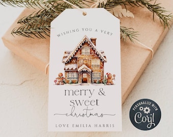 Gingerbread House Gift Tag Template, Printable Holiday Favor Tag, Editable Merry & Sweet Christmas Cookie Treat Tag, Digital Download, #C9