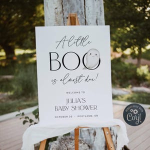 Modelo de placa de boas-vindas para chá de bebê de Halloween, pôster de boas-vindas para imprimir &quot;A Little Boo Is Almost Due&quot;, placa de fantasma editável, download instantâneo, #pound