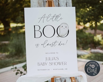 Halloween-Babyparty-Willkommensschild-Vorlage, druckbares A Little Boo Is fast Due Willkommens-Poster, bearbeitbares Geist-Schild, digitaler Download, #Pound