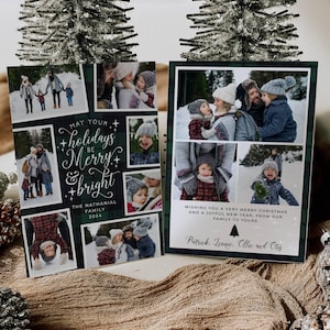 Fotocollage kerstkaartsjabloon, afdrukbare moderne geruite kerstkaart, bewerkbare flanel familiefoto wenskaart, instant download