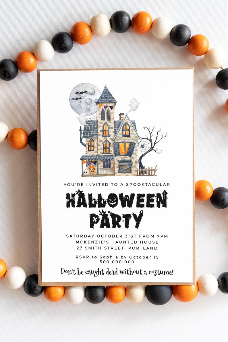 May include: A Halloween party invitation with a watercolor illustration of a spooky house with a full moon, bats, and ghosts. The text reads "You're invited to a spooktacular Halloween Party. Saturday October 31st from 7pm McKenzie's Haunted House 27 Smith Street, Portland RSVP to Sophia by October 15 500 000 000 Don't be caught dead without a costume!"