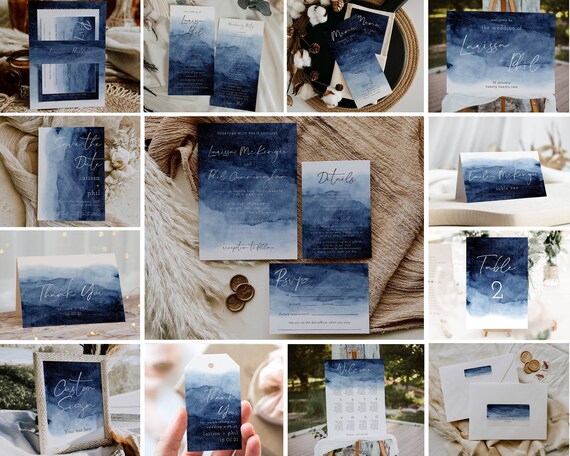 Navy Large Wedding Template Bundle Printable Ombre Watercolor - Etsy