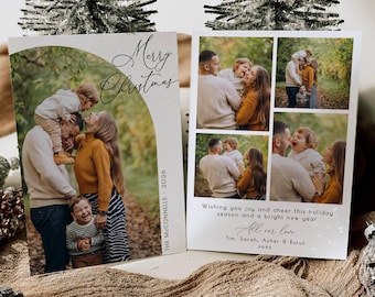 May include: Two rectangular holiday cards featuring family photographs. The left card has an arched design with the text Merry Christmas and The McConnells - 2026. The right card displays three photos with the text Wishing you joy and cheer this holiday season and a bright new year, All our love, Tim, Sarah, Asher & Rufus, XOXO.