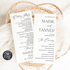 Plantilla de programa de boda minimalista, calendario de ceremonia moderno imprimible, orden de servicio de boda boho editable, descarga instantánea, #MW1