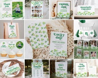Lucky One Birthday Template Bundle, druckbares St. Patrick's 1st Birthday Party Pack, bearbeitbares Shamrock Party Decor, digitaler Download, #SP